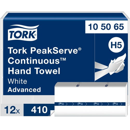 White continuous hand towels in Tork PeakServe packaging, 410 sheets per pack