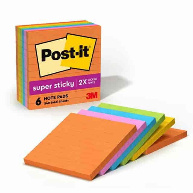 Post-it super sticky note pads, stacked orange with multicolor edges, 6-pack