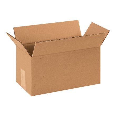 Brown corrugated cardboard shipping box with open flaps, single-wall