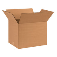 Corrugated cardboard shipping box with open top flaps, brown