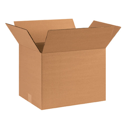 Corrugated cardboard shipping box with open top flaps, brown