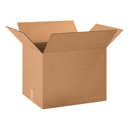 Single-wall corrugated shipping box, open top with folded flaps, brown