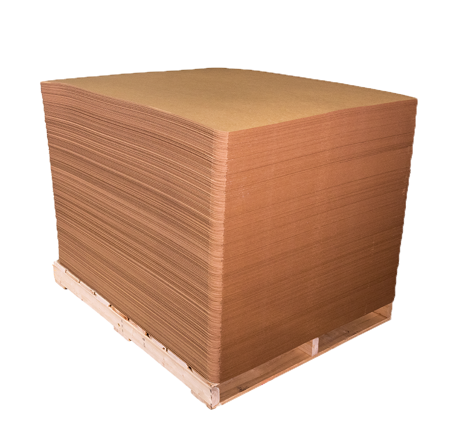 Tan chipboard pads, 40 x 48 in, 0.030 in thick, stacked in a bundle