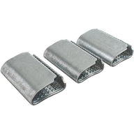Open serrated poly strapping seals, silver metal, three-piece view