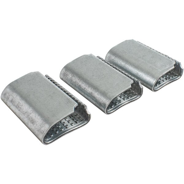 Open serrated poly strapping seals, silver metal, three-piece view