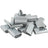 Open serrated poly strapping seals, silver metal, assorted seals in pile