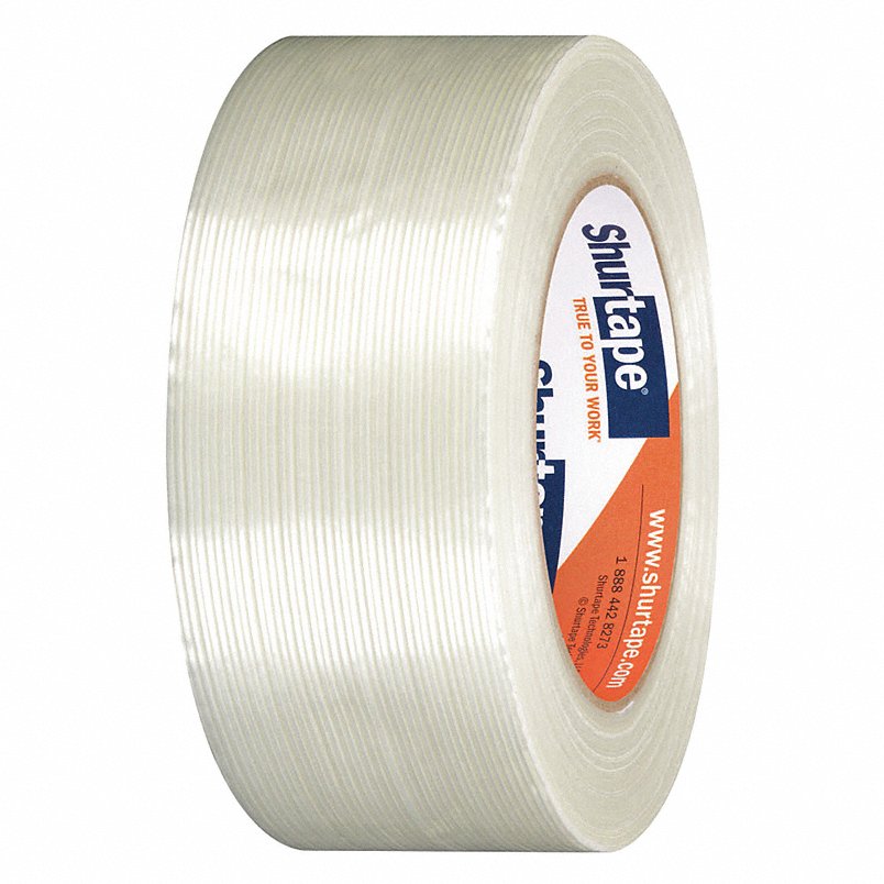 Filament strapping tape roll with clear side label, cream color.