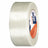 Filament strapping tape roll with clear side label, cream color.