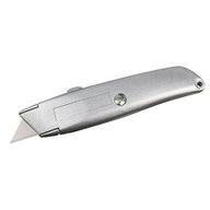 Heavy-duty retractable metal utility knife with extended blade, silver-gray finish