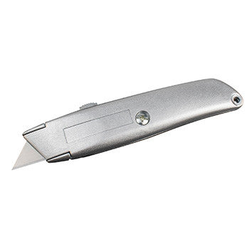Heavy-duty retractable metal utility knife with extended blade, silver-gray finish