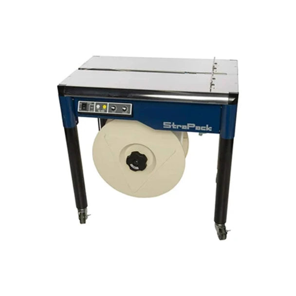 StraPack semi-automatic tabletop carton strapping machine with front controls and strapping roll