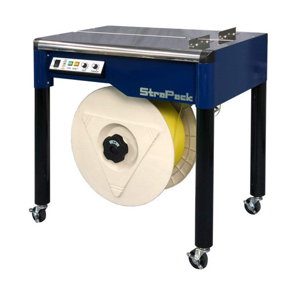 StraPack semi-automatic tabletop carton strapping machine with control panel and strapping roll