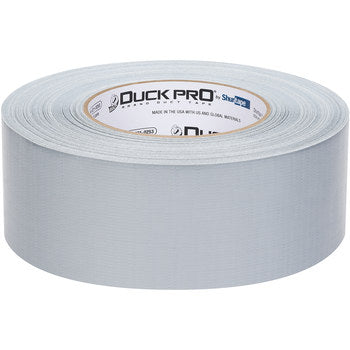 Silver duct tape roll viewed from top, showing brand label on core