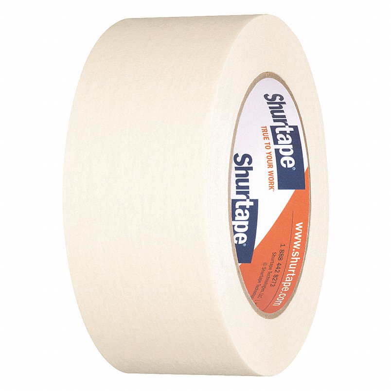 Beige masking tape roll with Shurtape logo on tape edge