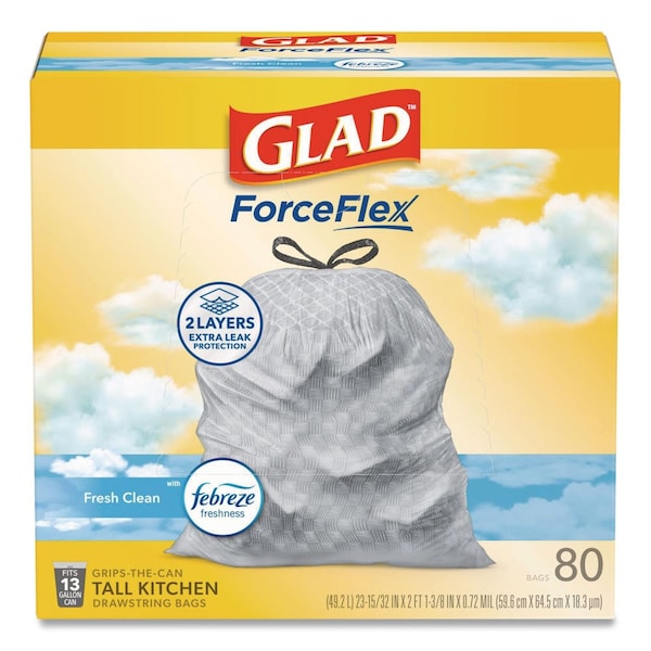 Glad ForceFlex kitchen trash bag box, 13 gal white drawstring, 80-count