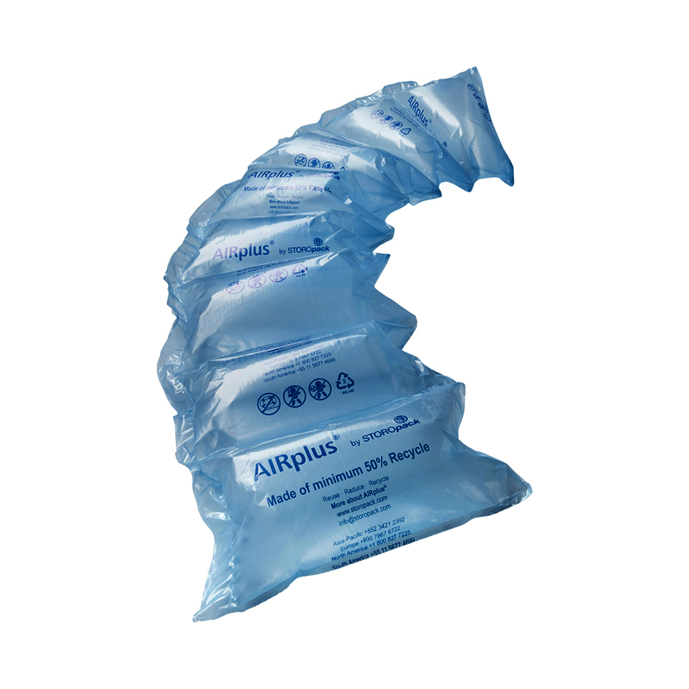 Blue AIRplus inflatable air cushion packaging pillow, crumpled