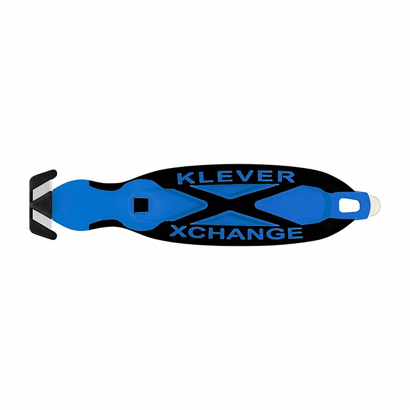 Blue and black safety knife with Klever XChange branding