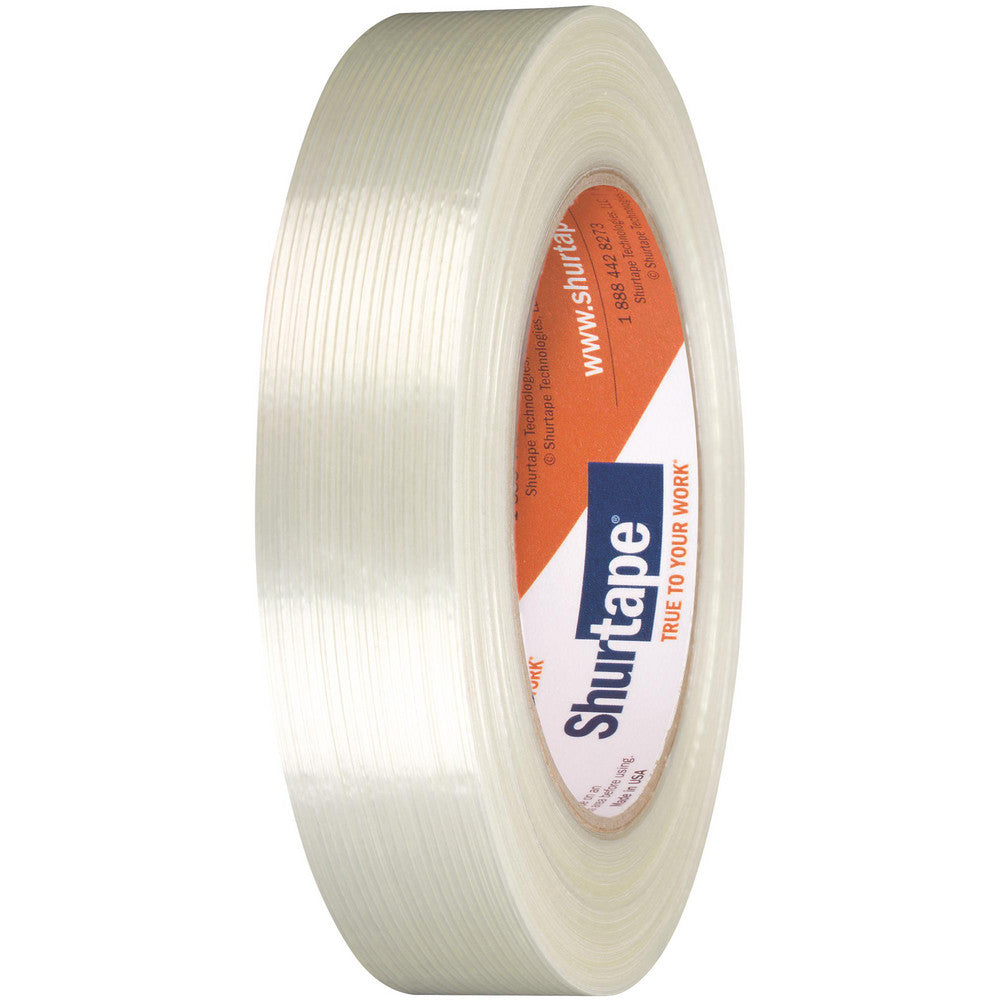 Shurtape GS490 filament strapping tape roll, white, viewed from side