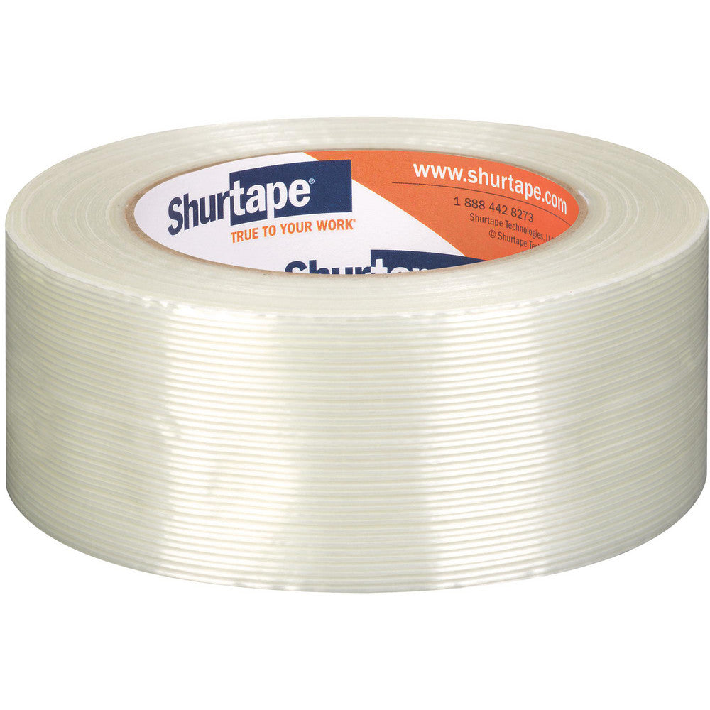 Filament strapping tape roll, cream color, top reel label visible.