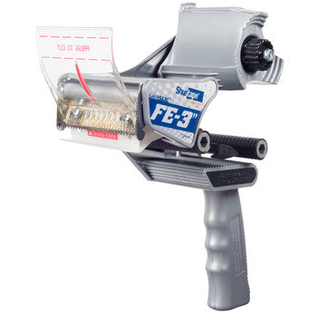Tape dispenser for 3-inch rolls, Shurtape FE-3, with gray handle and tape feed