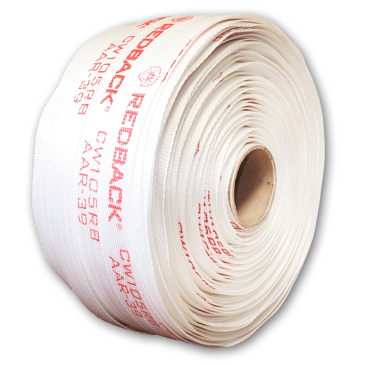 Woven strapping roll, 1-1/4 in wide, off-white with red printed markings