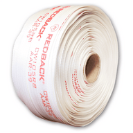 Woven strapping roll, 1-1/4 in wide, off-white with red printed markings