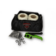 Woven strapping kit with black bag, beige rolls, green strap dispenser and metal clips