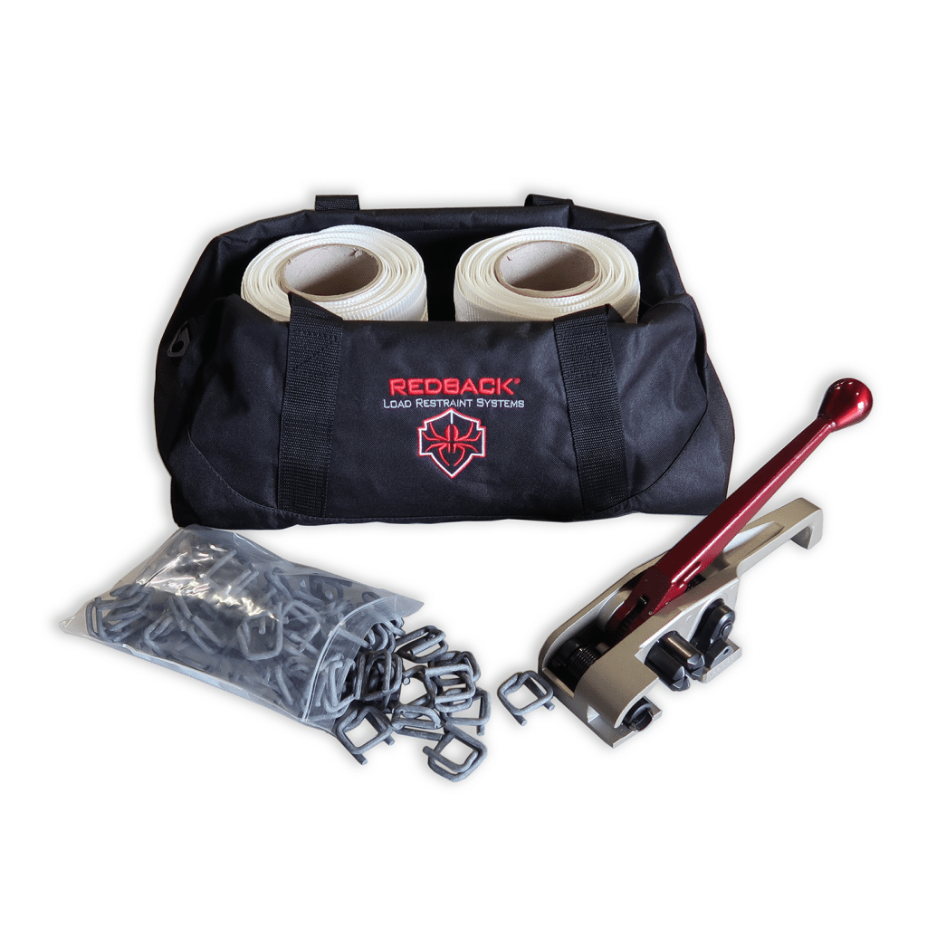 Deluxe woven strapping kit with black bag, beige straps, metal buckles and red tool