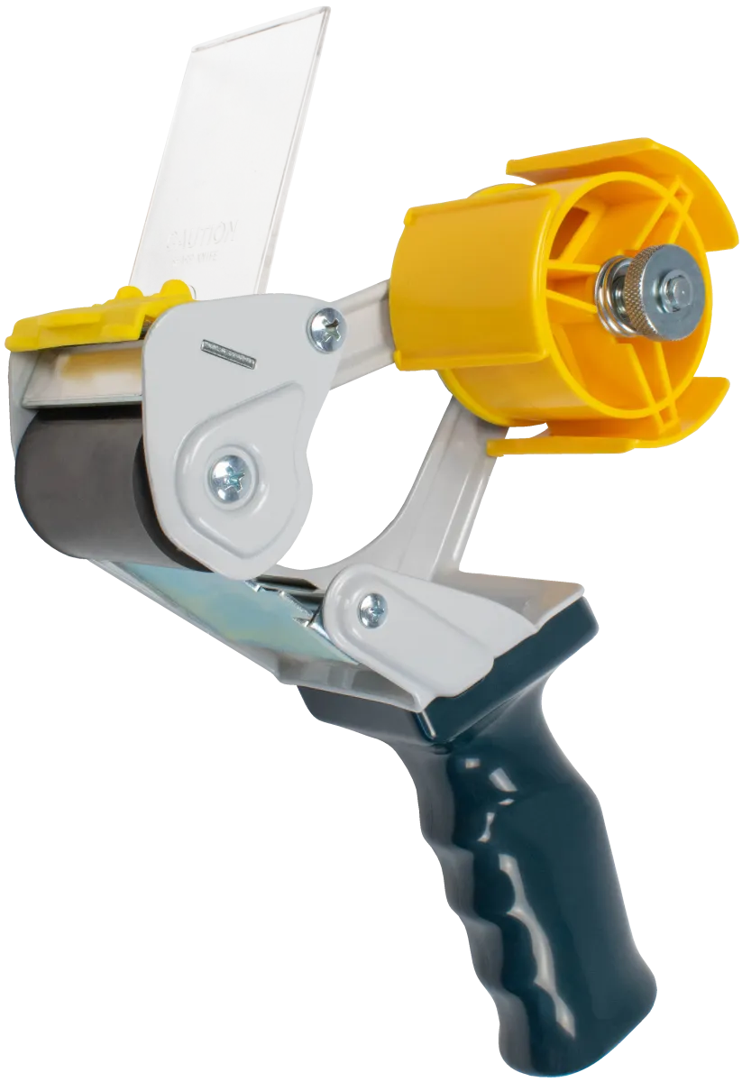 Handheld tape dispenser for 2-inch rolls, yellow and white with metal base