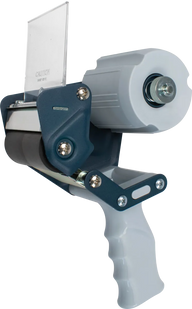 Heavy duty tape dispenser for 3-inch rolls with gray housing and blue handle