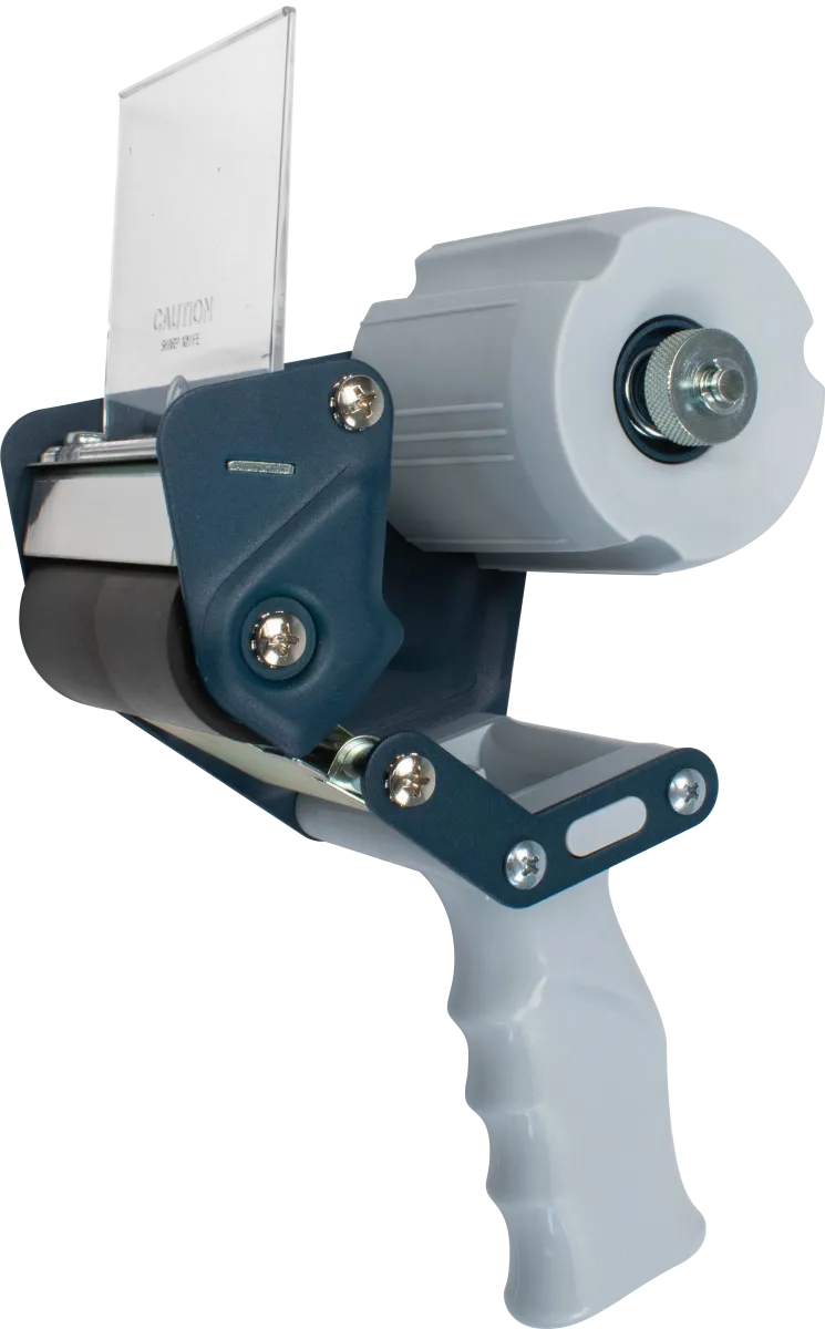 Heavy duty tape dispenser for 3-inch rolls with gray housing and blue handle