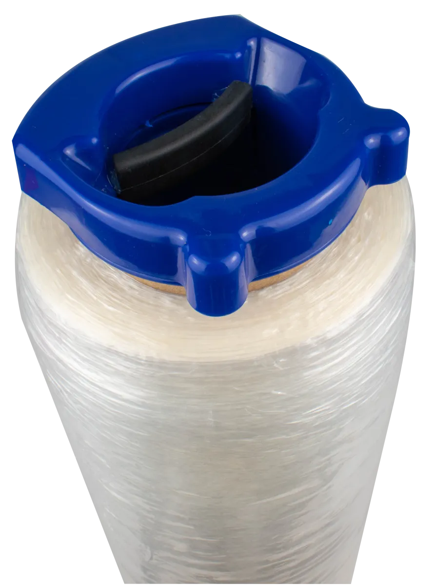 Encore 3-inch hand film core insert in blue, fitted on clear film roll