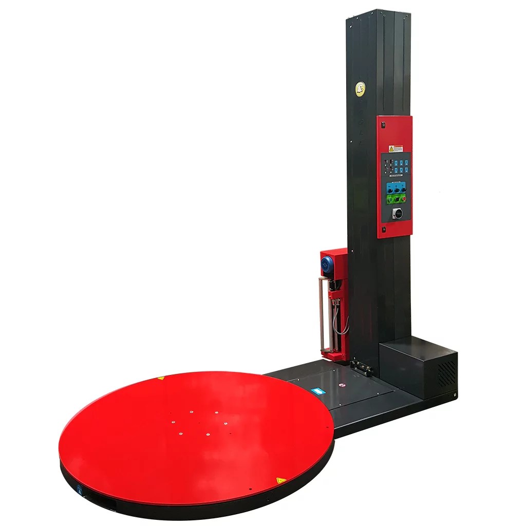 Eagle semi-automatic stretch wrapper with red turntable and black control panel