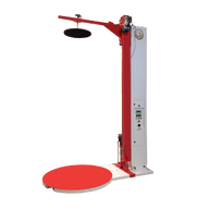 Semi-automatic stretch wrapper machine with red base and tall control column
