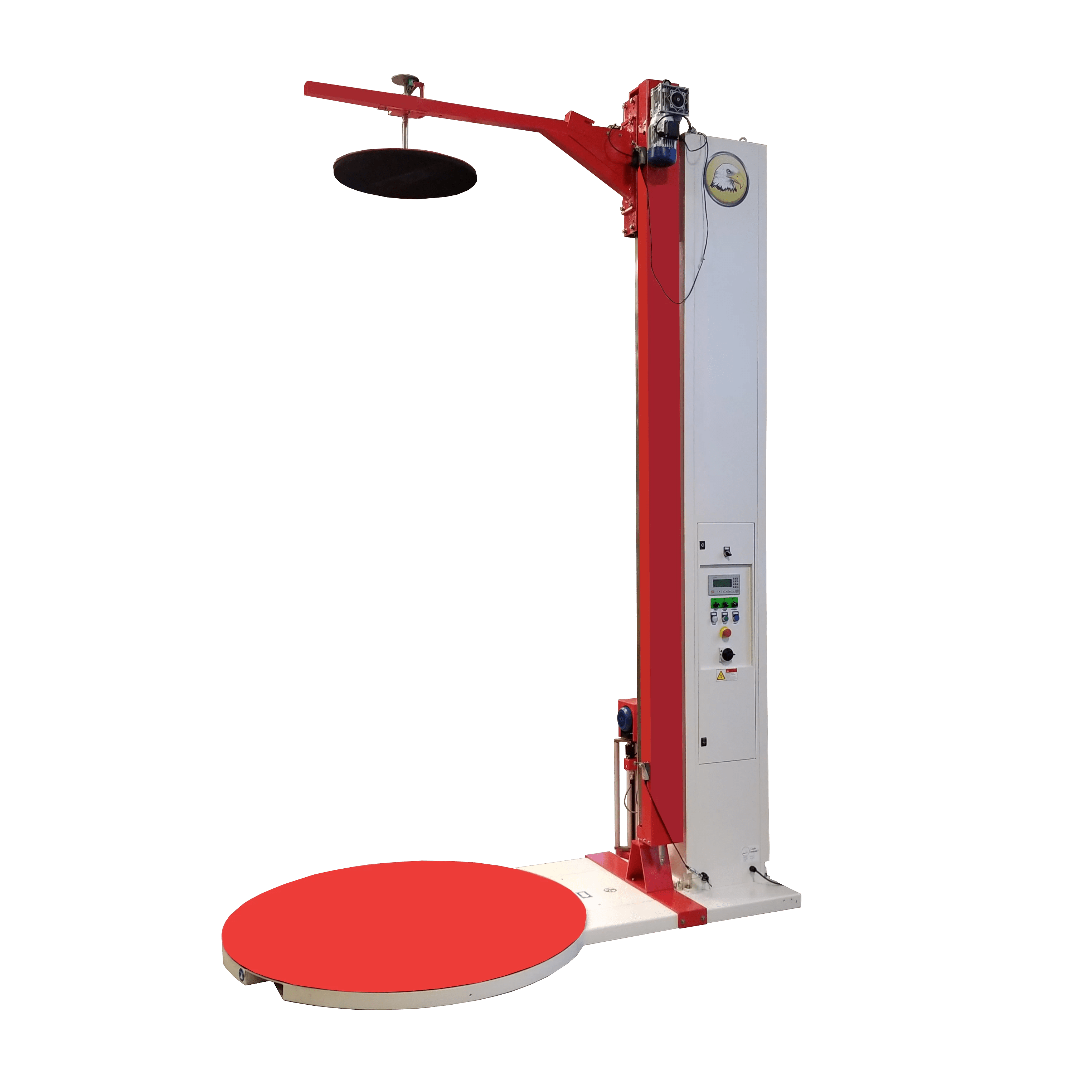Semi-automatic stretch wrapper machine with red base and tall control column