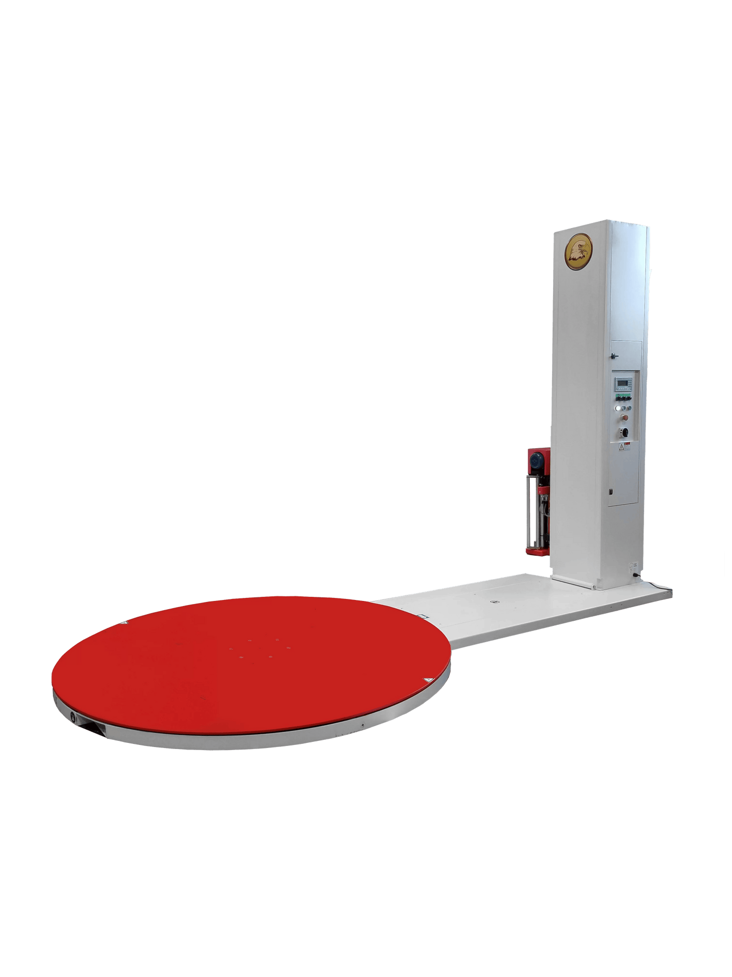 Stretch wrapping machine with red circular turntable platform
