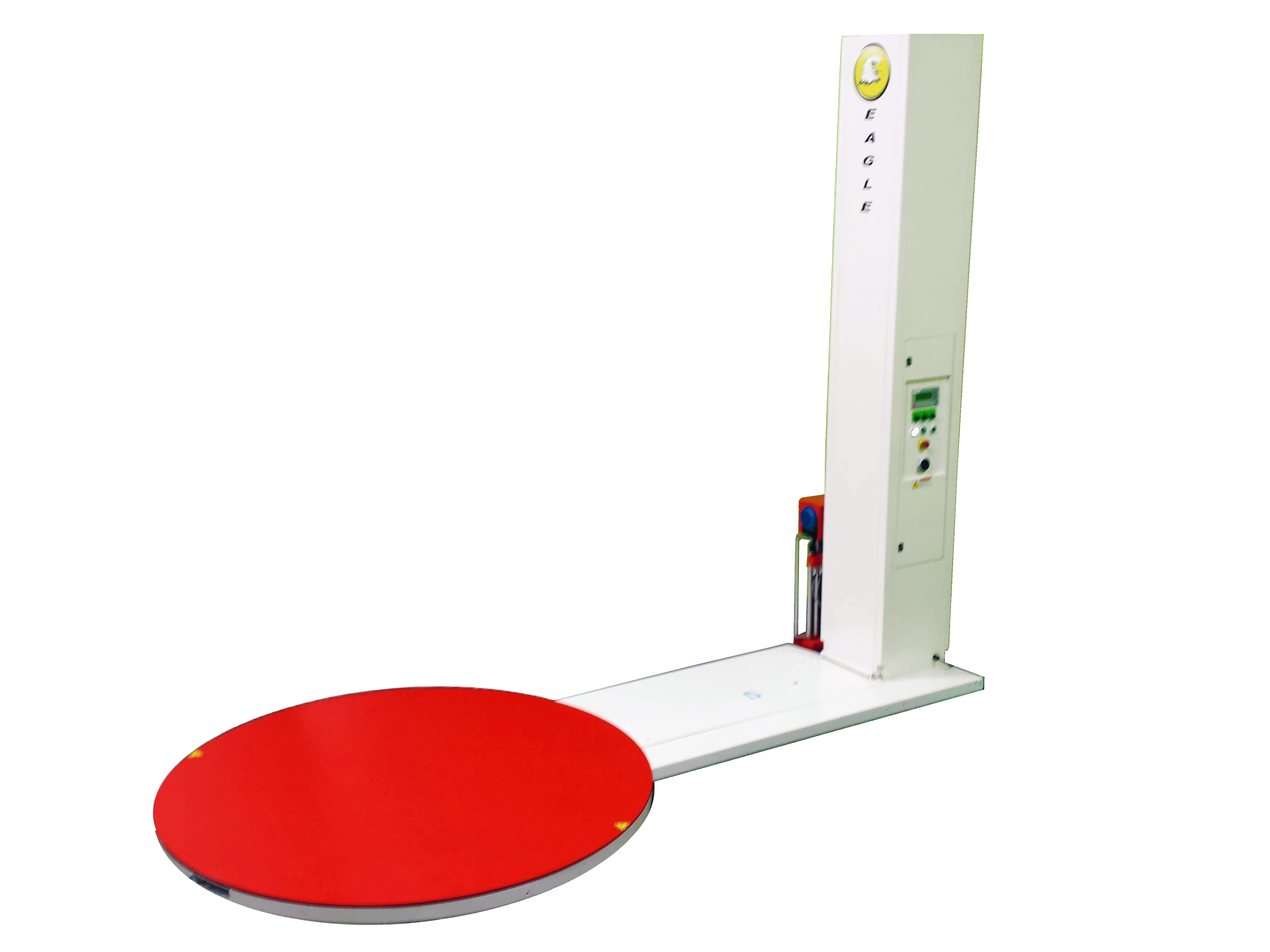 Semi-automatic stretch wrapper with upright frame and control panel.