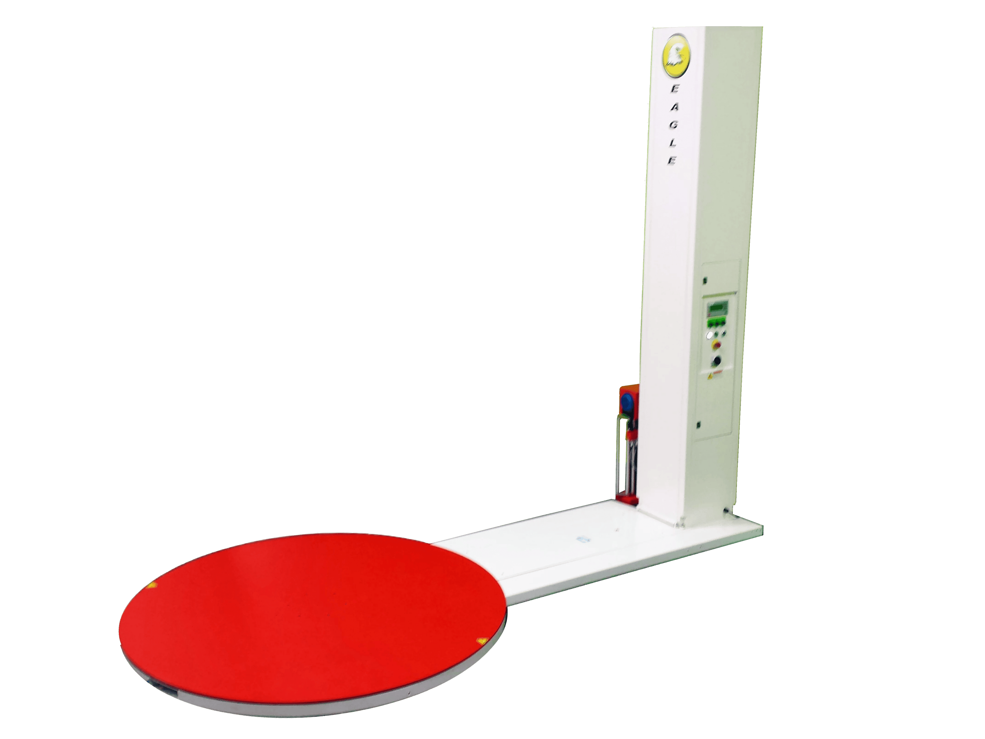 Semi-automatic stretch wrapper with upright frame and control panel.
