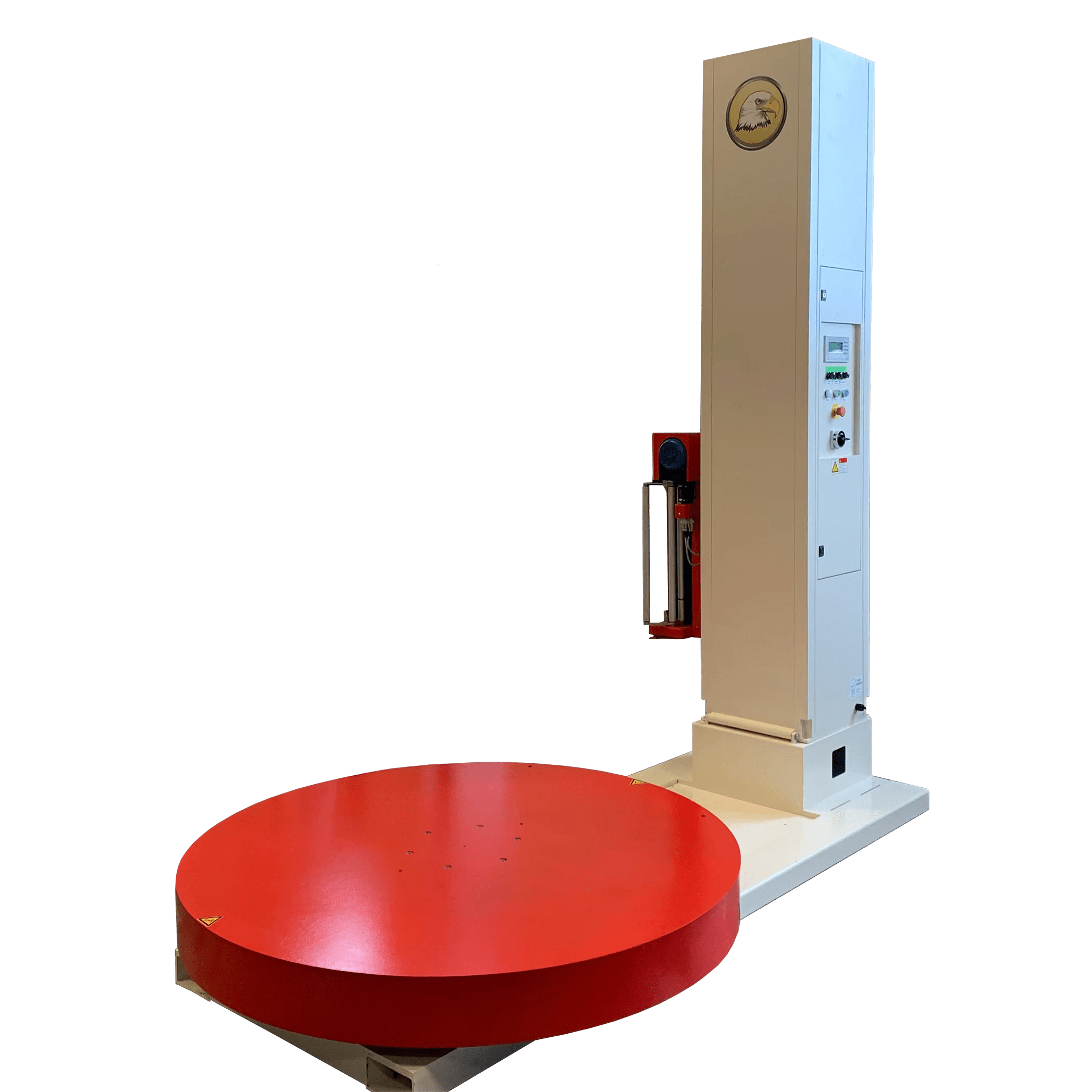 Semi-automatic stretch wrapper with white frame and red rotating platform base