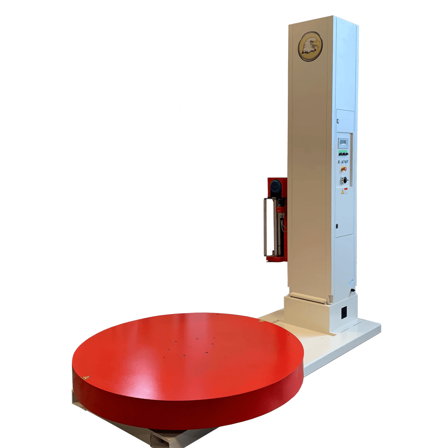 Semi-automatic stretch wrapper with white frame and red rotating platform base