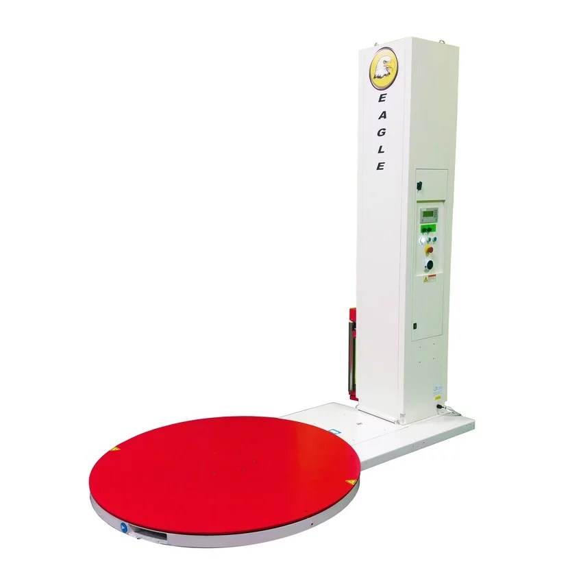 Semi-automatic stretch wrapper machine with red turntable and tall control column