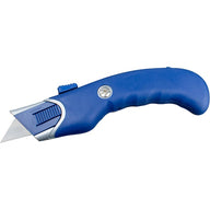 Blue top-actuated self-retracting safety utility knife with exposed blade