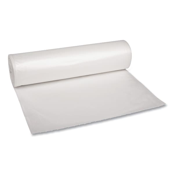 Clear recycled can liner roll, 60 gal size, 1.1 mil thick plastic sheet