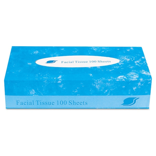 Facial tissue box, 100 sheets label, blue carton with white text and logo