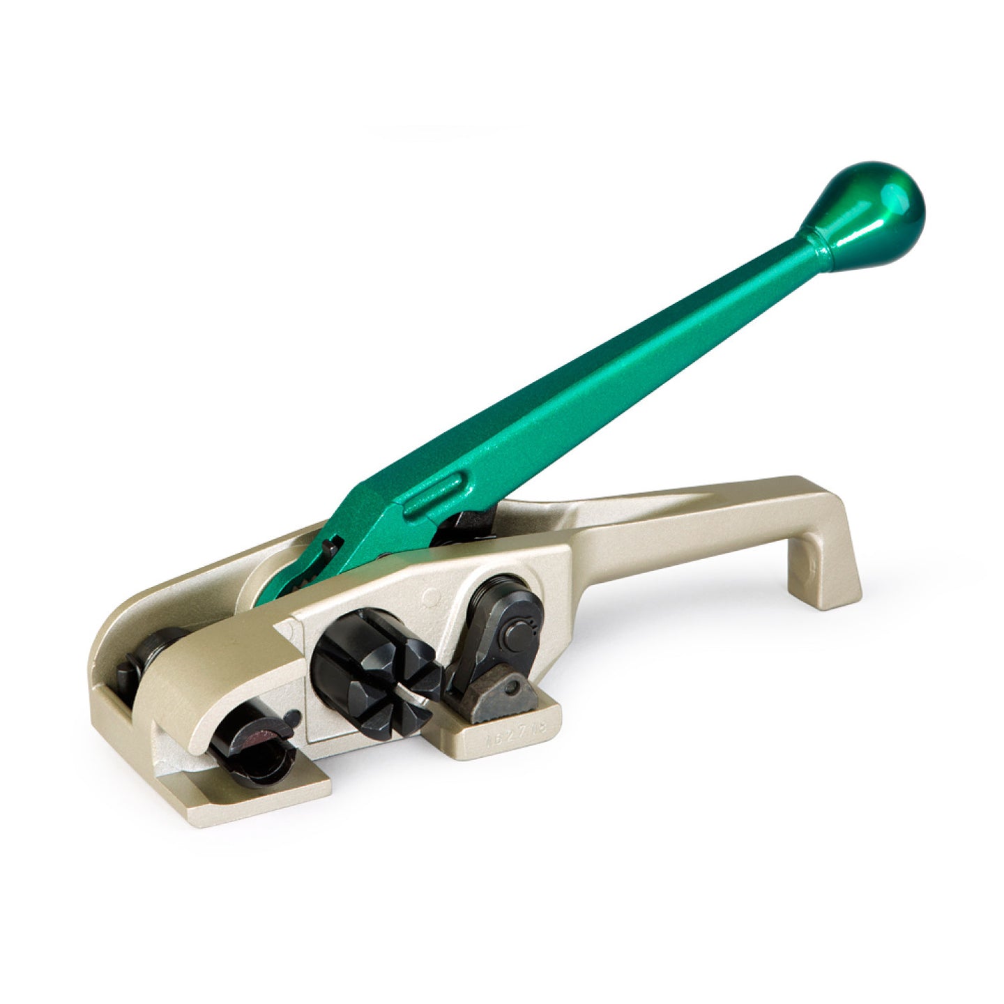 Heavy-duty cord tensioner with green handle and beige body, ratchet mechanism
