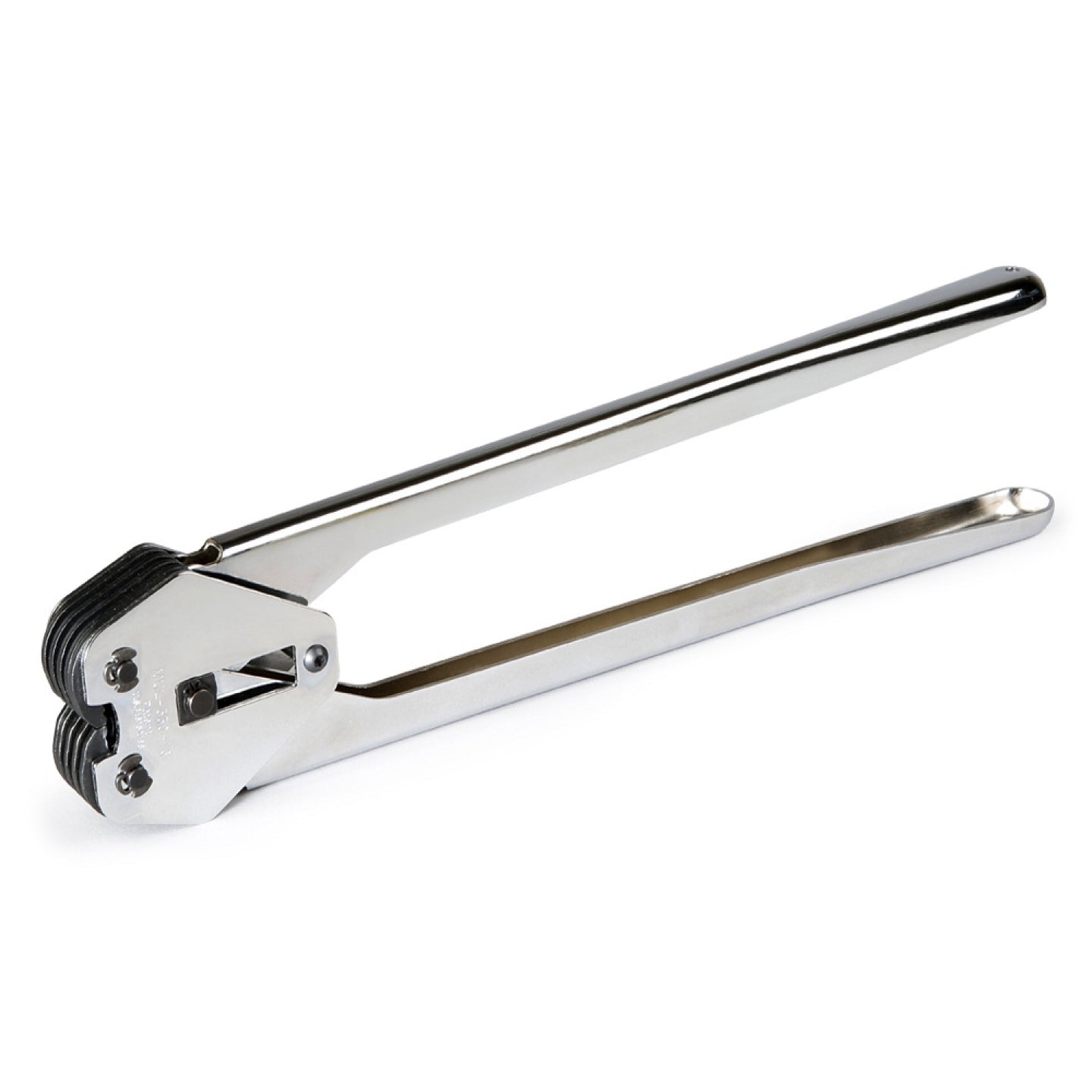 PET strapping sealer tool with metal jaws and black grip handle