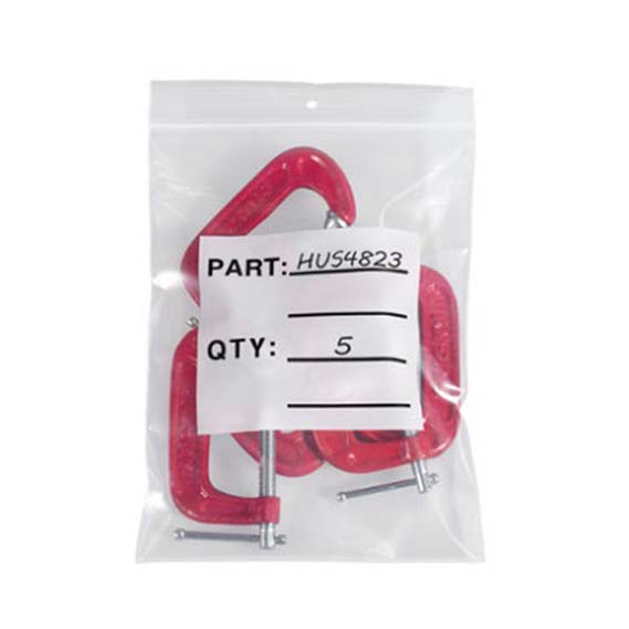Clear re-closable parts bag with red metal clips and white label