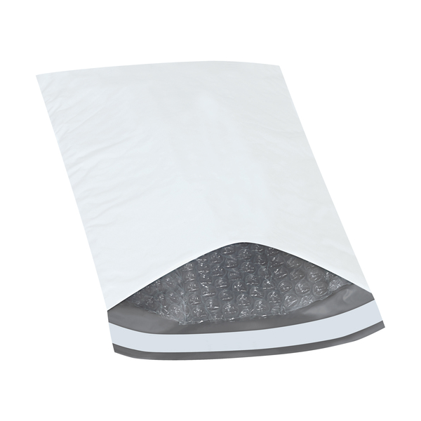 White poly bubble mailer with dark bubble-lined interior and gray sealing edge