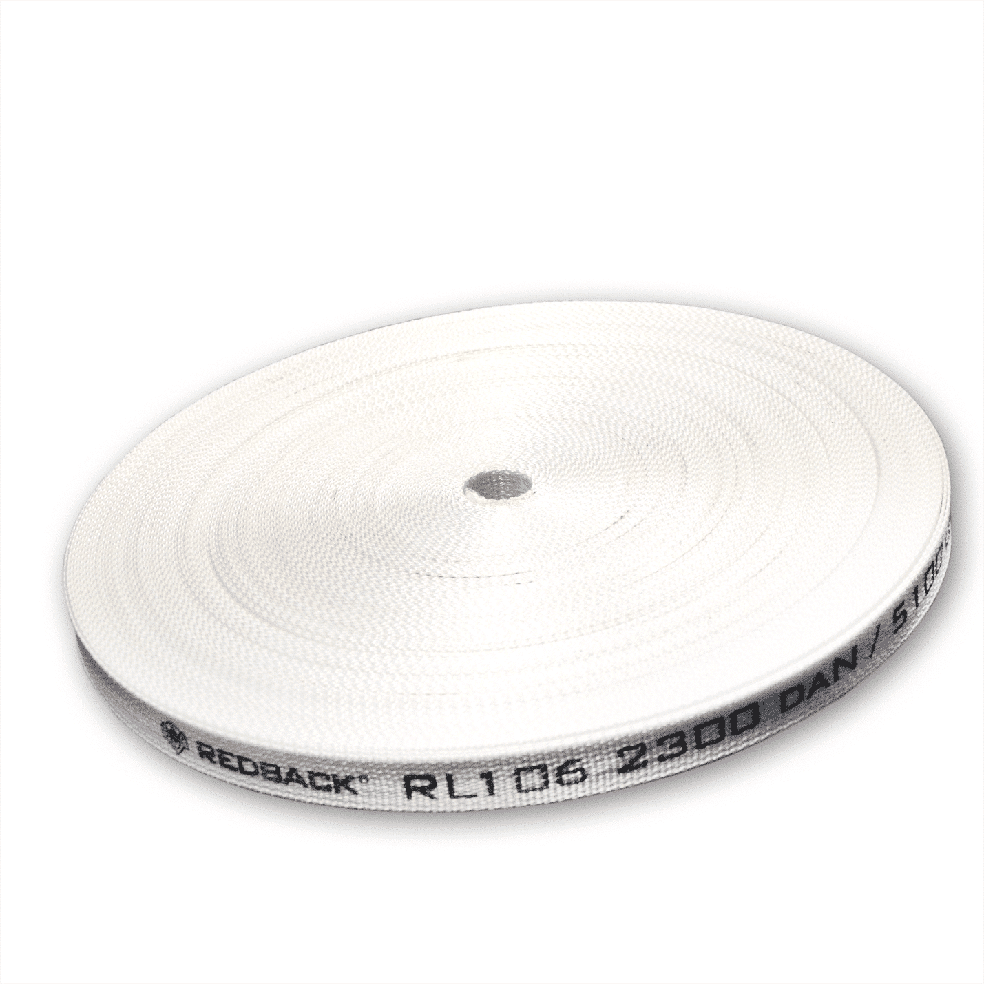 Woven strapping tape roll, cream-white with REDBACK branding and RL105 text