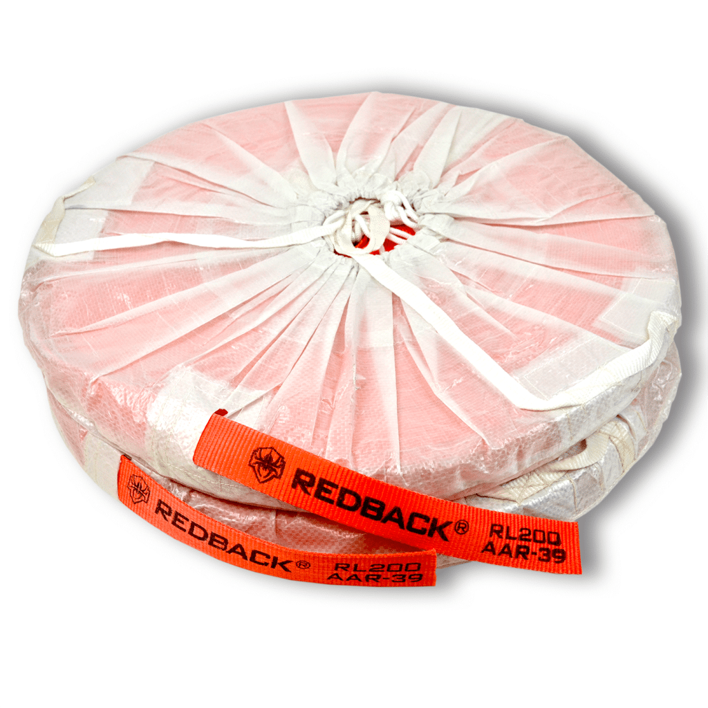Orange woven lashing strap roll with cinch tie and printed label